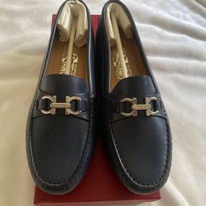 FERRAGAMO SABA DRIVING SHOES LOAFERS OXFORD BLU CALF